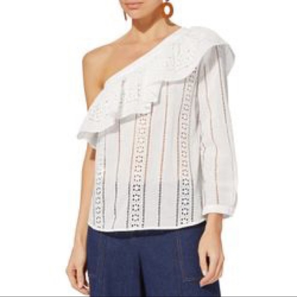 Veronica Beard Tops - Veronica Beard Cruz White Eyelet One Shoulder Ruffle Top Size 8